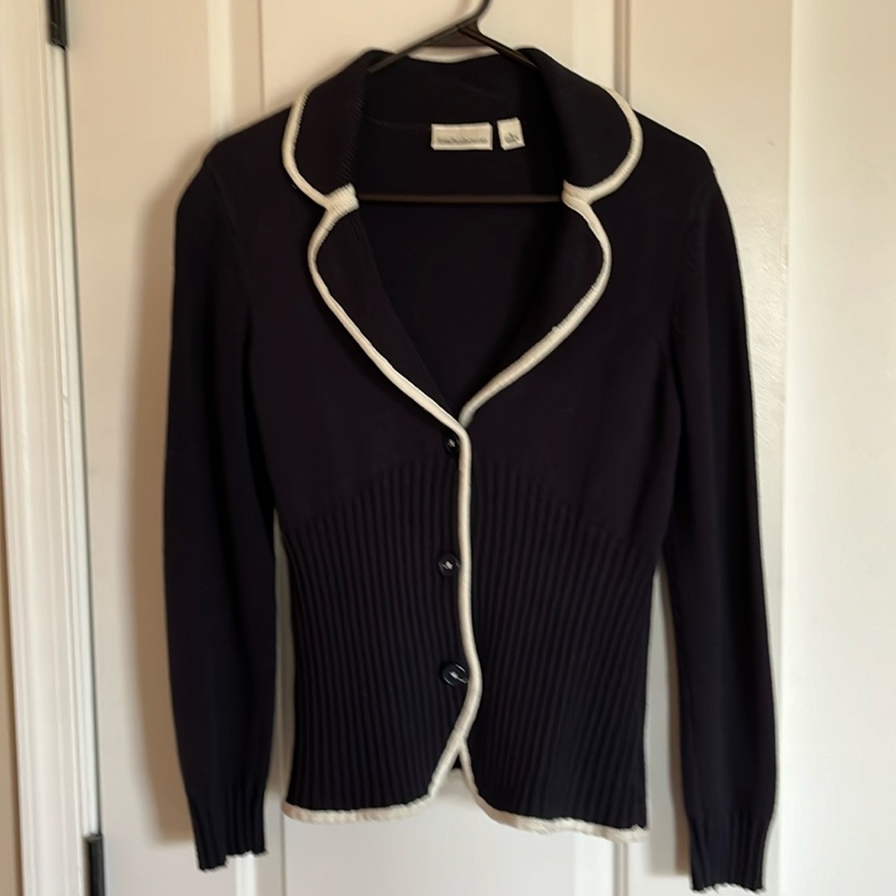 Navy blue with white trim. JohnPaulRichard cardigan.